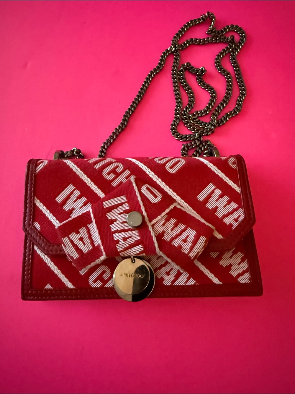 Jimmy Choo Red and White Logo Bow Chain Crossbody